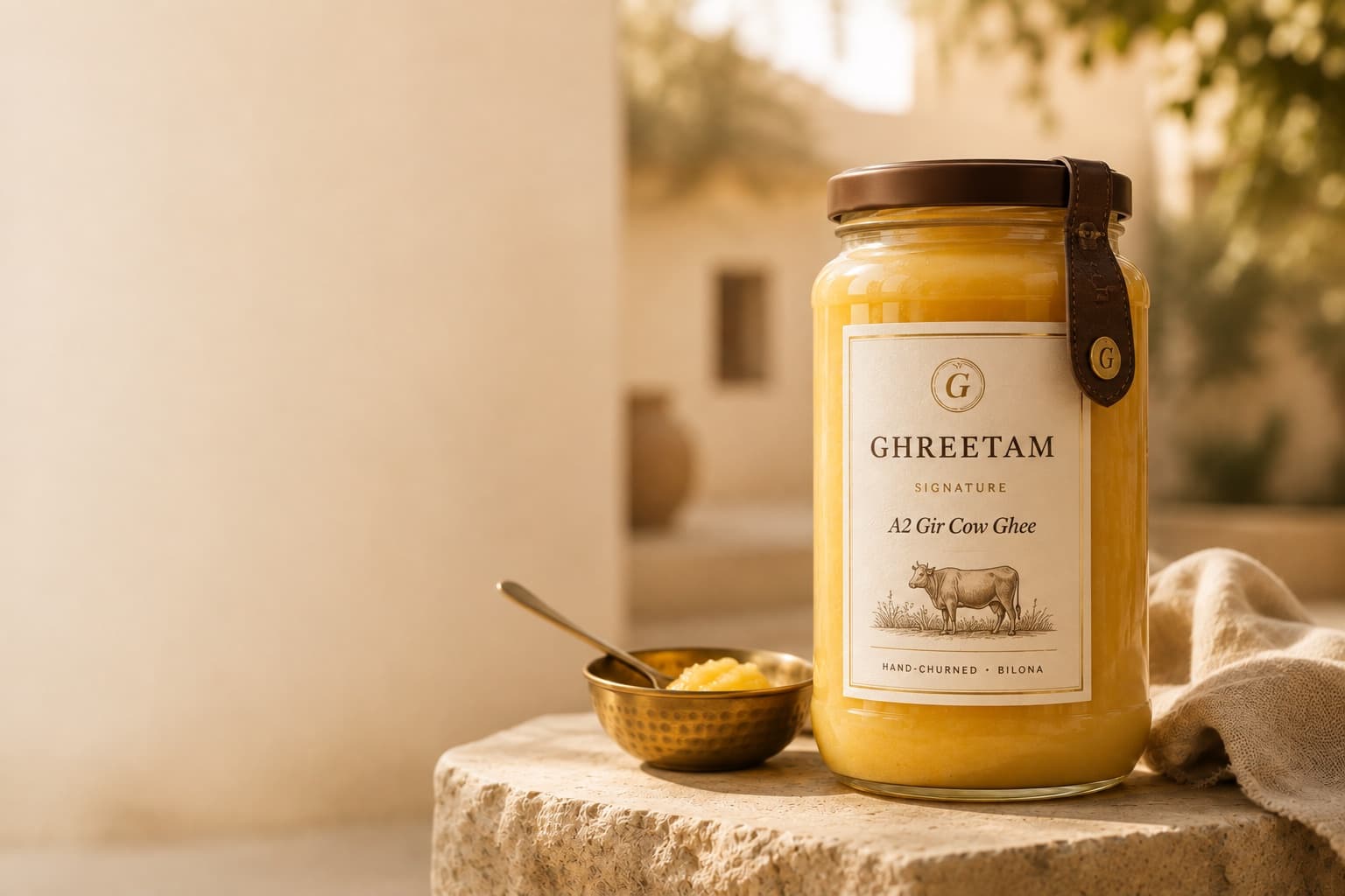 A jar of Ghreetam A2 Gir cow ghee on a limestone ledge in morning light, beside a brass bowl of ghee